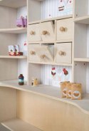 Sklep roba, „Café & Shop", drewno naturalne, 6 szuflad, lada boczna
