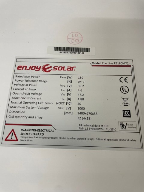 SolarV enjoy solar Mono monokrystaliczny moduł ES180M72 SolarV enjoy solar Mono monokrystaliczny moduł ES180M72