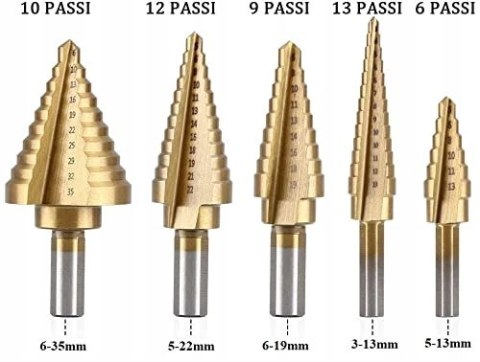 Flintronic Titanium 5-częściowy zestaw wierteł stopniowych, HSS, spirala Flintronic Titanium 5-częściowy zestaw wierteł stopniowych, HSS, spirala