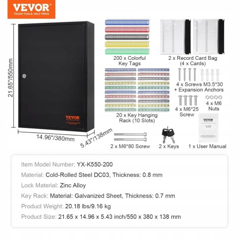 VEVOR regulowana przestronna szafka na klucze z 200 kolorowymi zawieszkami VEVOR regulowana przestronna szafka na klucze z 200 kolorowymi zawieszkami