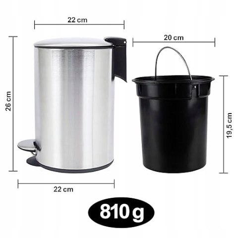 BADIONA Kosz Łazienkowy 5L Ze Stali Nierdzewnej z Pedałem Srebrny