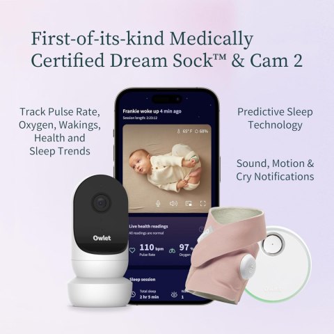 Niania elektroniczna OWLET Cam 2 + monitor oddechu Dream Sock różowy