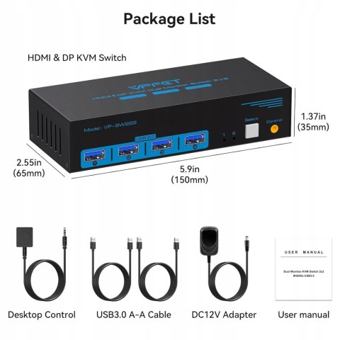 Przełącznik KVM CMSTEDCD HDMI, VP-SW220, 12 V, 1 A, USB 3.0