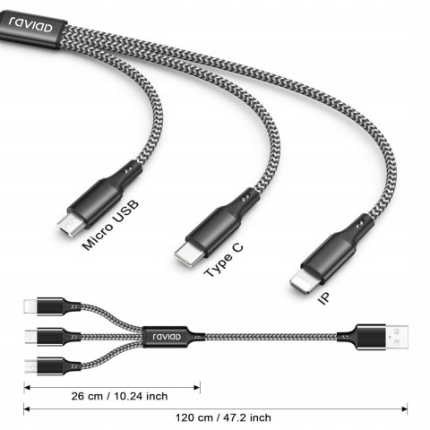Kabel 3w1 Raviad USB - USB typ C / microUSB / Lightning 1,2 m