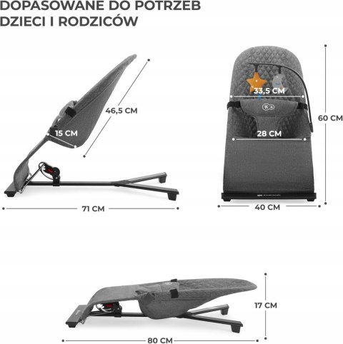 KinderKraft MIMI, Leżaczek Bujaczek, Pałąk z zabawkami, Grey