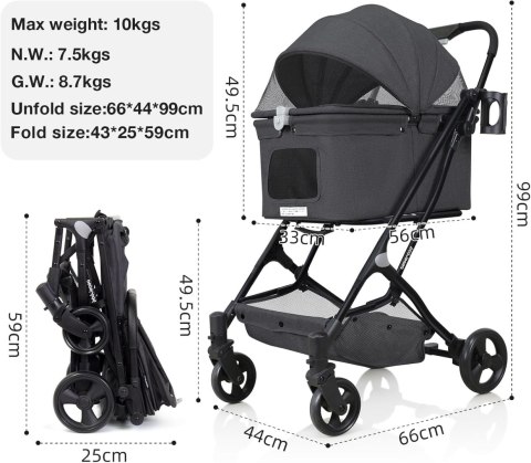 Hundebuggy Wózek Dla Psów I Kotów Składany Czarny R4 15KG