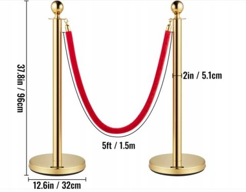 Słupki odgradzające, złote, czerwone liny, hotele, imprezy, 1,5m, 2szt