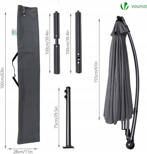 Parasol z wysięgnikiem Vounot szary 300 x 250cm