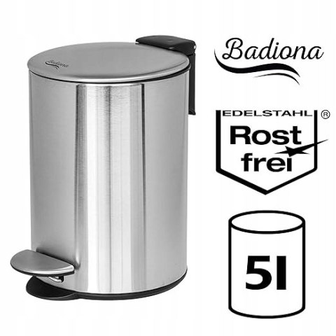 BADIONA Kosz Łazienkowy 5L Ze Stali Nierdzewnej z Pedałem Srebrny
