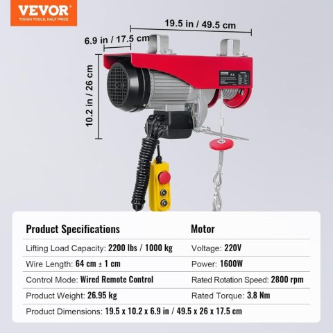 VEVOR Wciągarka Elektryczna linowa do 1000kg 12m 1600W